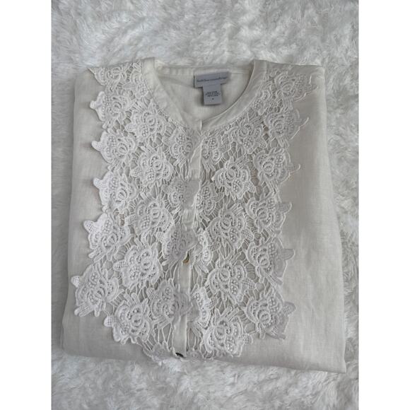 Soft Surroundings White Linen crochet Front Blouse Button Down pleated sleeves M - Picture 2 of 14